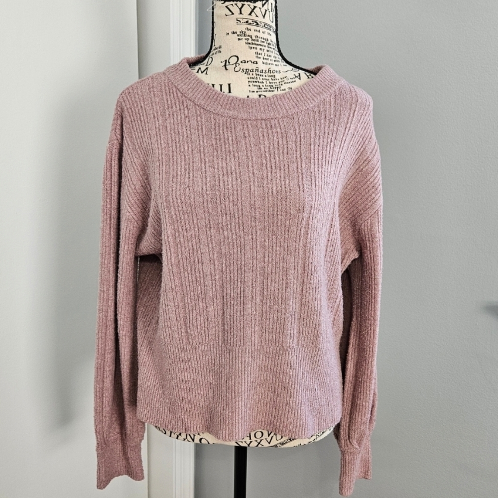 Soft Pink Hippie Rose Sweater with Puff Sleeves